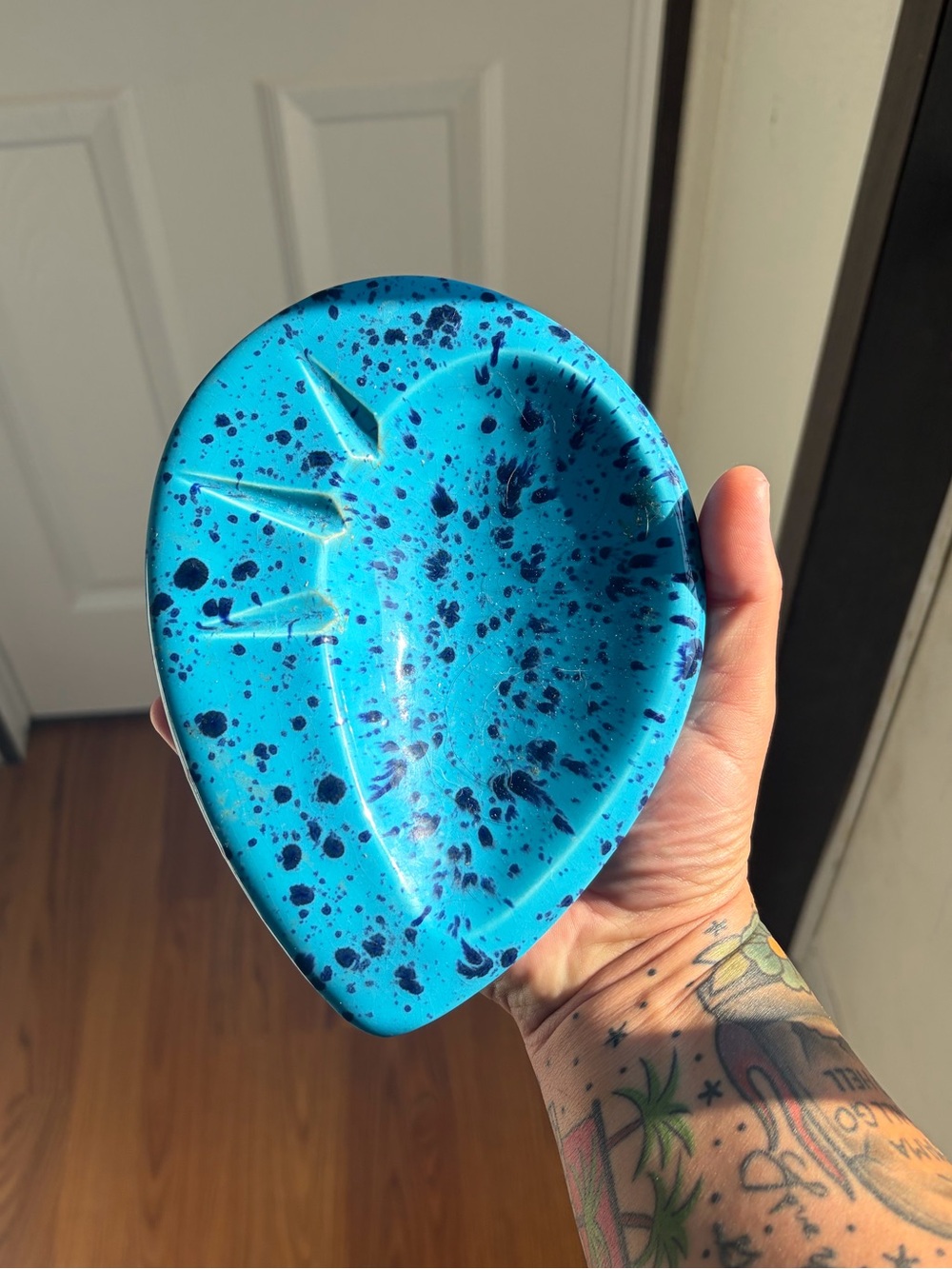 Vintage Splatter Glazed Ashtray MCM Ceramic Blue Teardrop Mid Century Modern USA